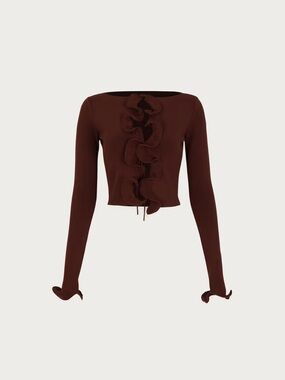SAME LA Ruffle-Front Brown Long-Sleeve Crop Top